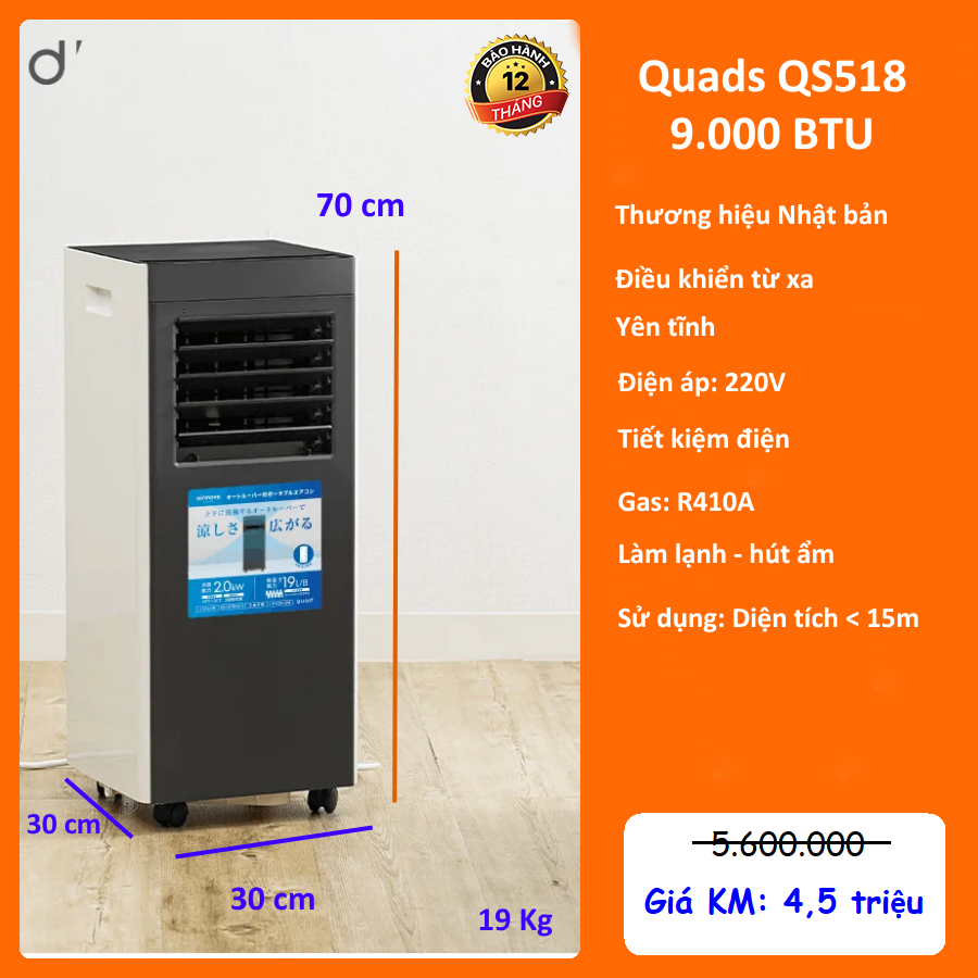 Điều hòa di động Quads QS518 - 9.000 BTU
