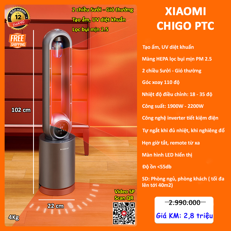 Máy sưởi Xiaomi Chigo PTC (2 Chiều nóng - lạnh, lọc bụi mịn PM2.5, cân bằng ẩm, UV diệt khuẩn)